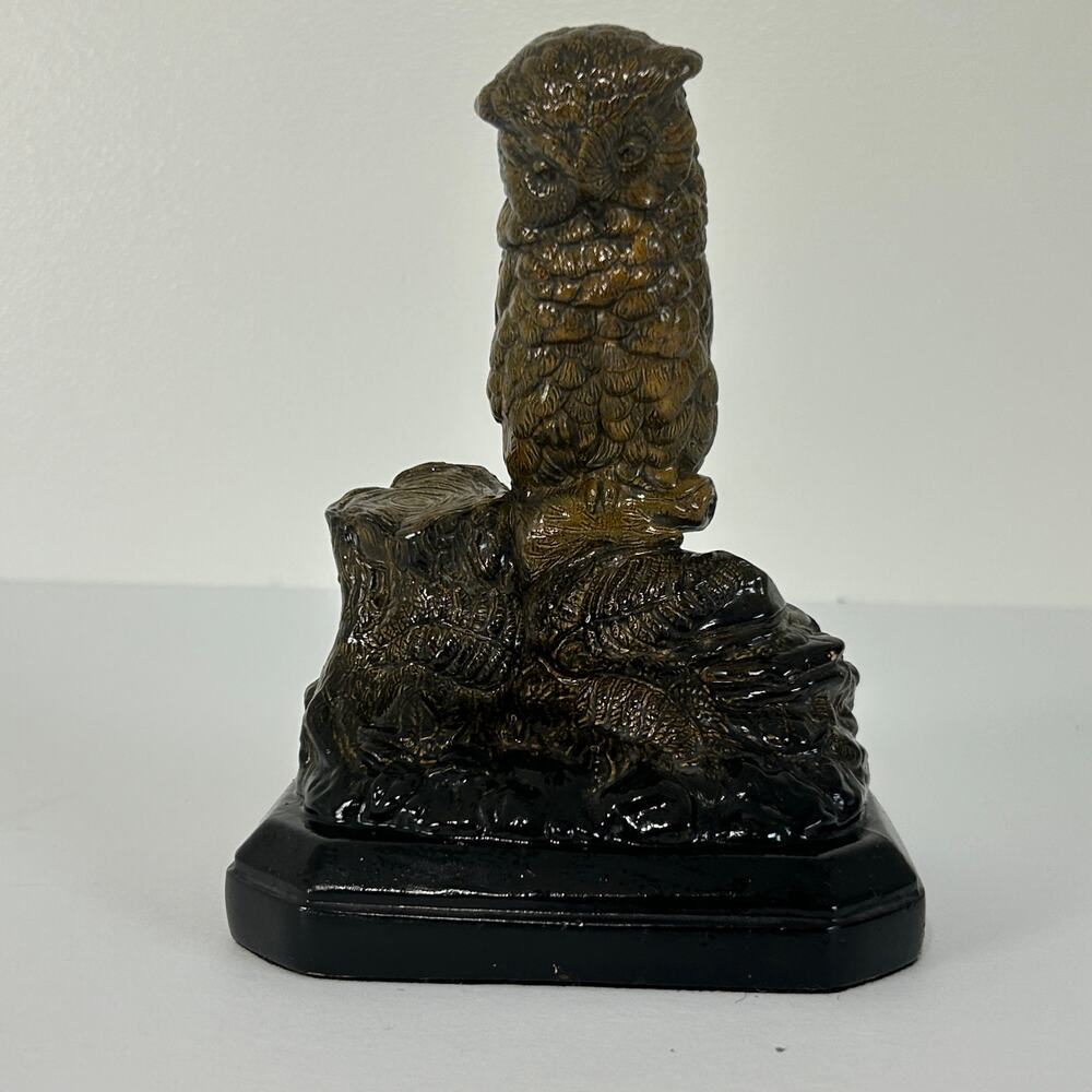 Vintage Owl Statue Borghese Bookend Brown Plaster Figurine Mid Century
